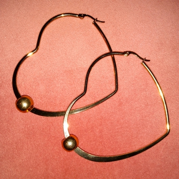 Big Hearts Gold Heart Shaped Hoops Large 60mm Hoop Earrings with Bead Minimalist - Picture 5 of 6